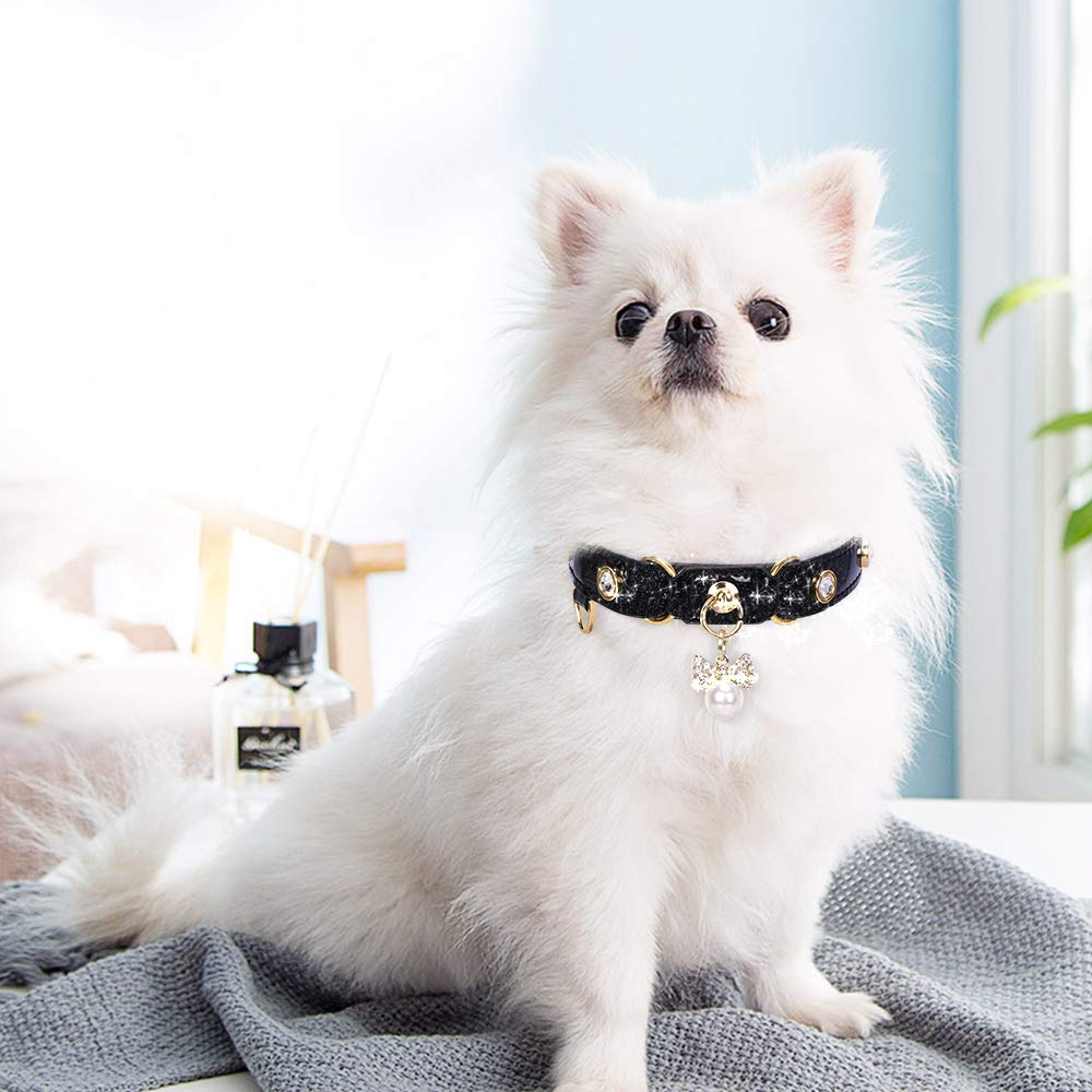 PetsHome Cat Collar, Dog Collar, [Bling Rhinestones] PU Leather Adjustable Pet Collar with Luxury Pendant for Big Cat and Small to Medium Dog Small Black