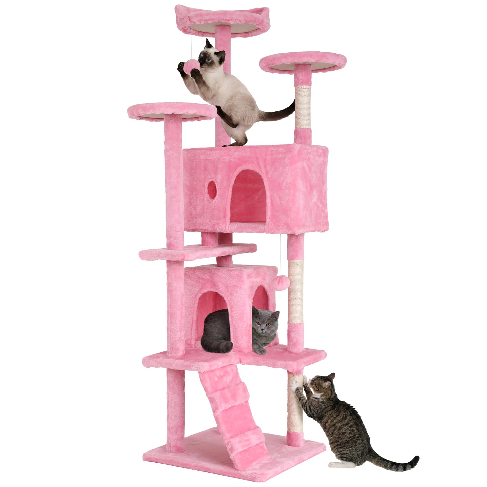 70in Cat Tree Cat Climbing Tower with Scratching Post, Cats House Perch Kitten Tree Condo Wood Playhouse, Pet Trees Tower for Indoor Cats, Pink