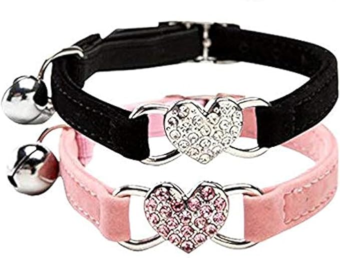 CHUKCHI Pink Soft Velvet Safe Cat Adjustable Collar with Crystal Heart Charm and Bells 8-11 Inches (Red)