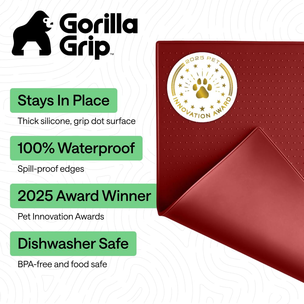 GORILLA GRIP 100% Waterproof Raised Edge BPA Free Silicone Pet Feeding Mat, Dog Cat Food Mats Contain Spills Protects Floors, Placemats for Cats and Dogs Water Bowl, Pets Accessories 23x15 Red