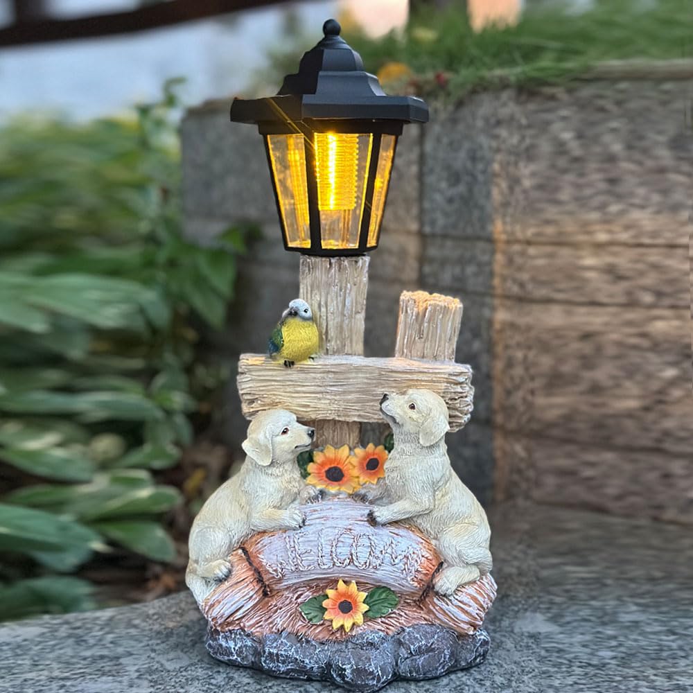 ZYLiWoo Outside Dog Statue with Solar Lantern, Garden Welcome Sign Dog Solar Figurines Light, Patio Outdoor Decoration, Balcony Lawn Decor, Unique Birthday House Warming Gift for Women, Mom, Grandma