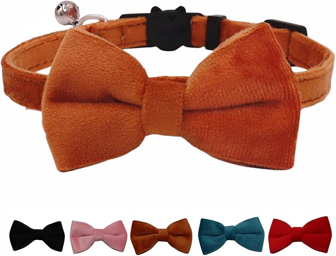 WDPAWS Cat Collar Breakaway with Bell and Removable Bow Tie Safety Buckle Velvet Adjustable 7-11 inches for Kitten Cats (Blue)