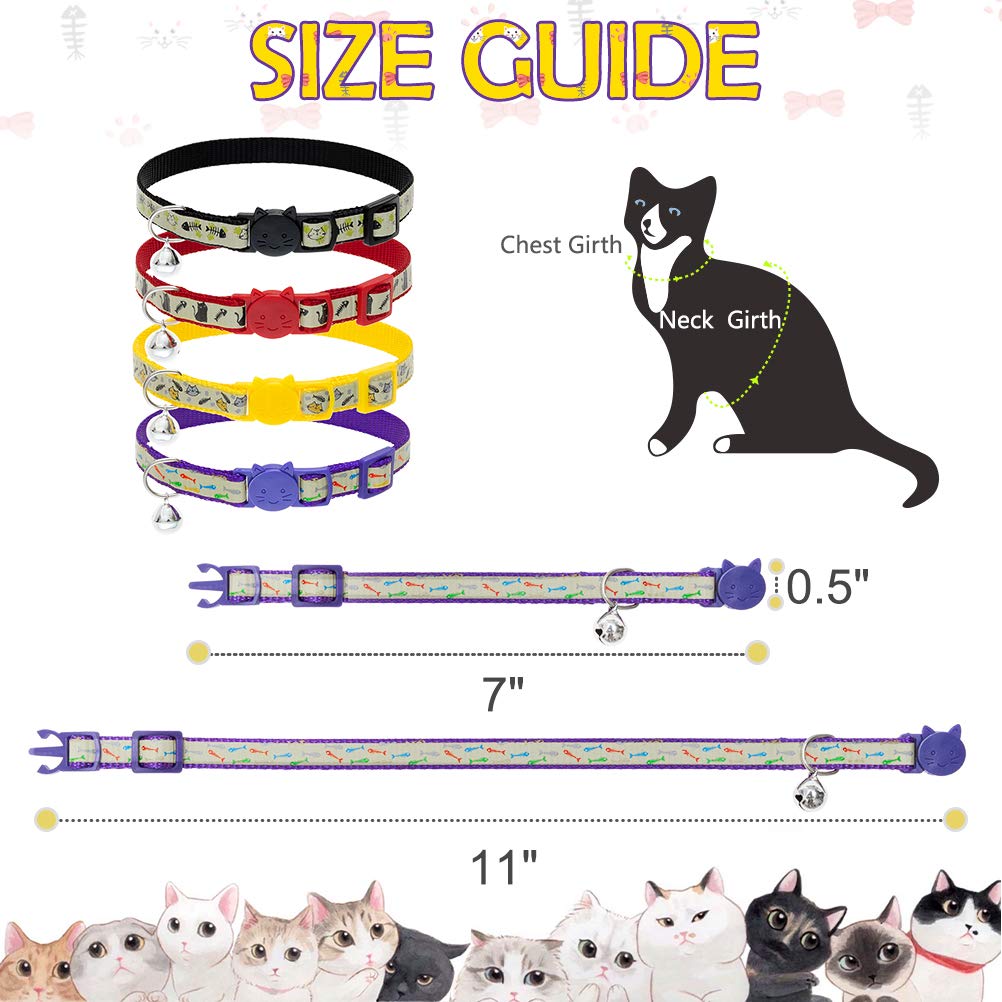 Cat Collars Breakaway with Bell - Glow in The Dark Collar 4 Pack - Fish & Cat Pattern 4 Colors for Kitty and Puppies, Adjustable from 7-11 Inch
