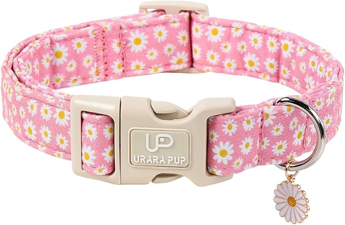 UP URARA PUP Daisy Dog Collar, Summer Cotton Dog Collar with Quick Release, Gift Pink Collars for Small Medium Large Girls or Boys Dogs Cute Durable Comfortable Pet Collars