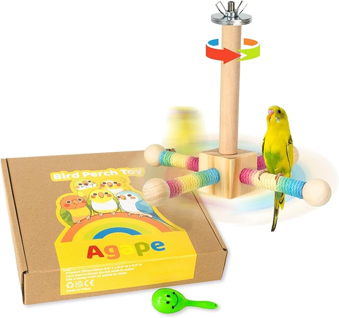 Agape 360° Rotating Bird Perch Stand, Wooden Parrot Exercise Toy