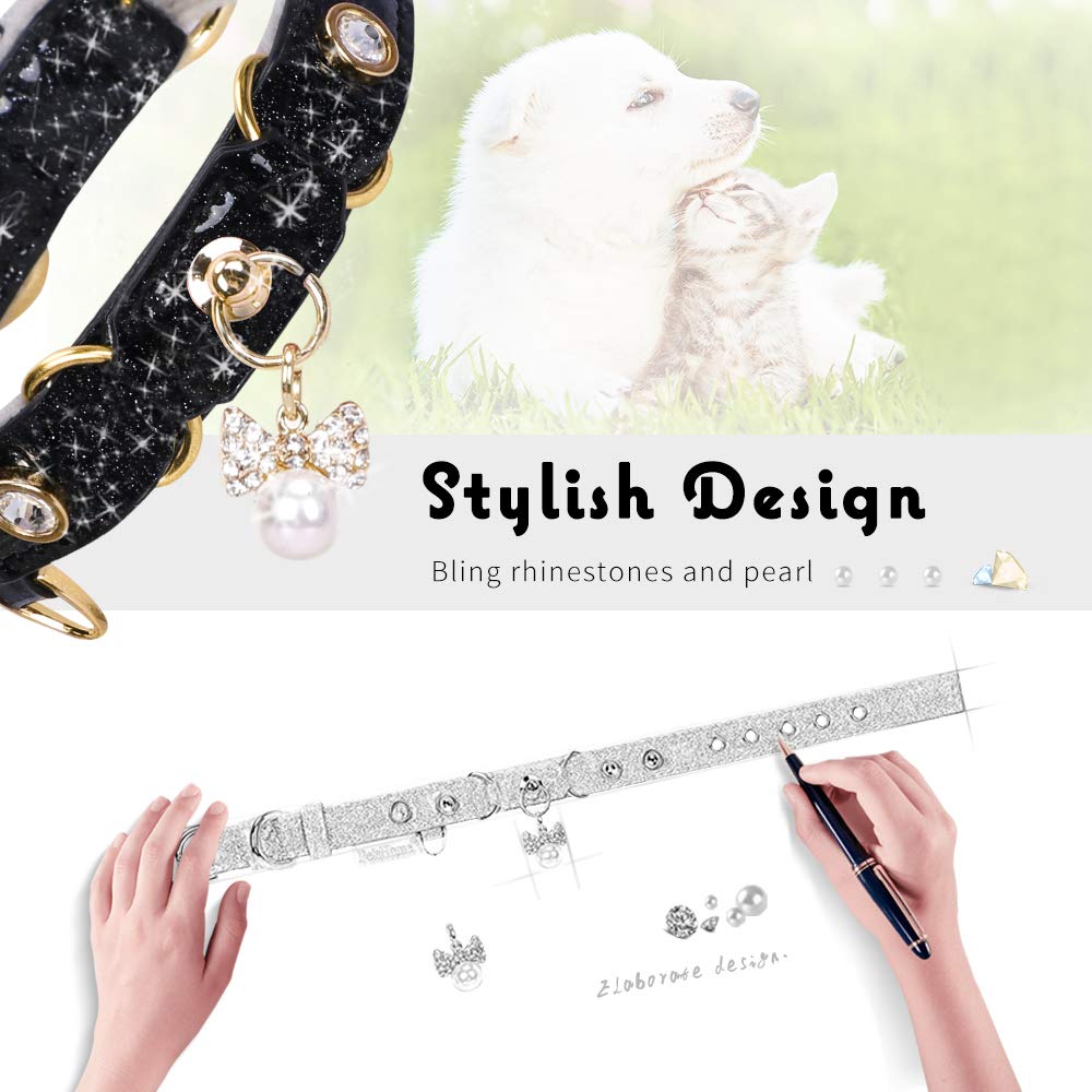PetsHome Cat Collar, Dog Collar, [Bling Rhinestones] PU Leather Adjustable Pet Collar with Luxury Pendant for Big Cat and Small to Medium Dog Small Black