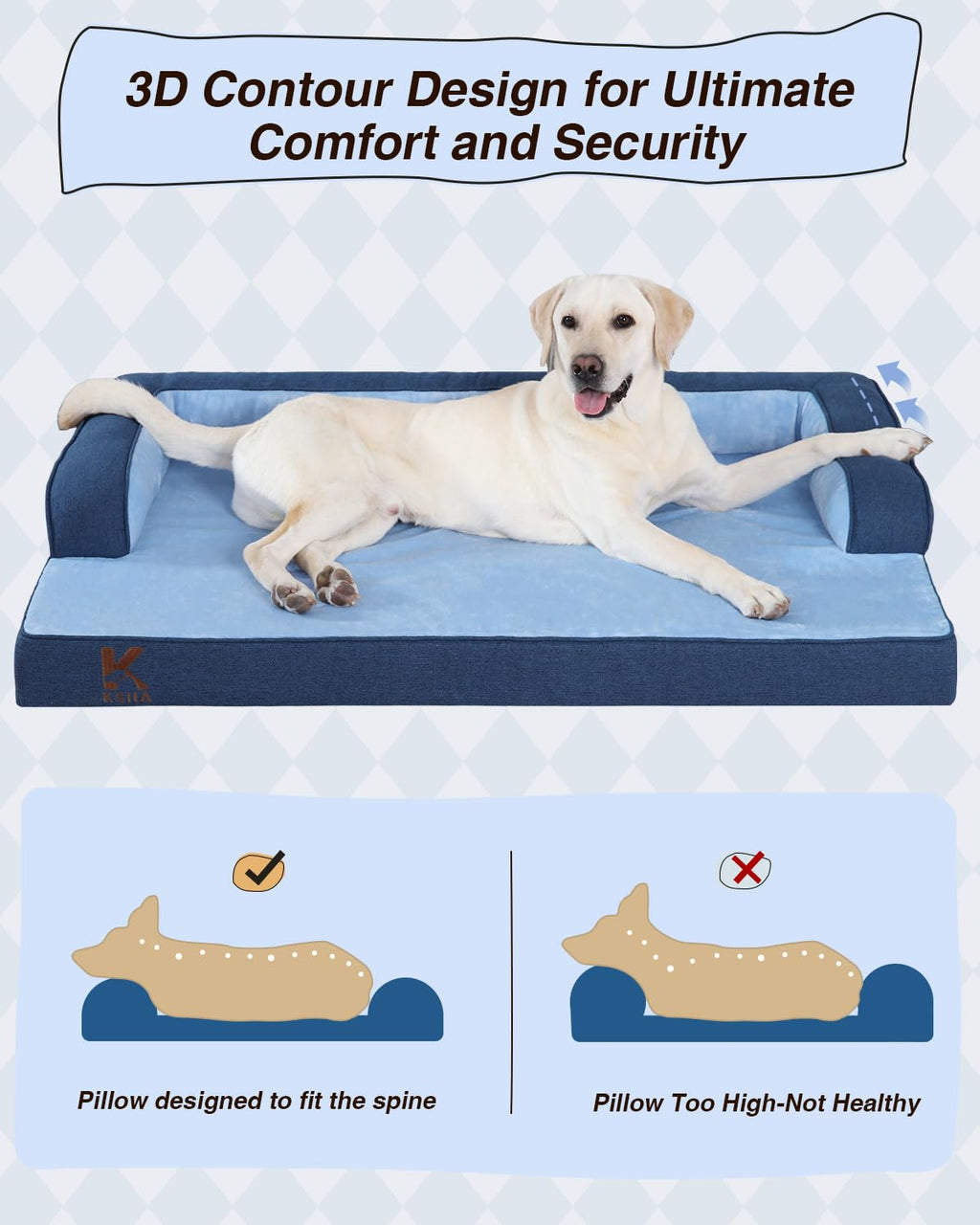 KSIIA Washable Dog Bed XXXL Senior Dog, Orthopedic Warm Soft Pet Sofa Waterproof Pet Couch with Sides, Non-Slip and Egg-Crate Foam Jumbo Beds with Removable Cover, 53x36Inch, Blue