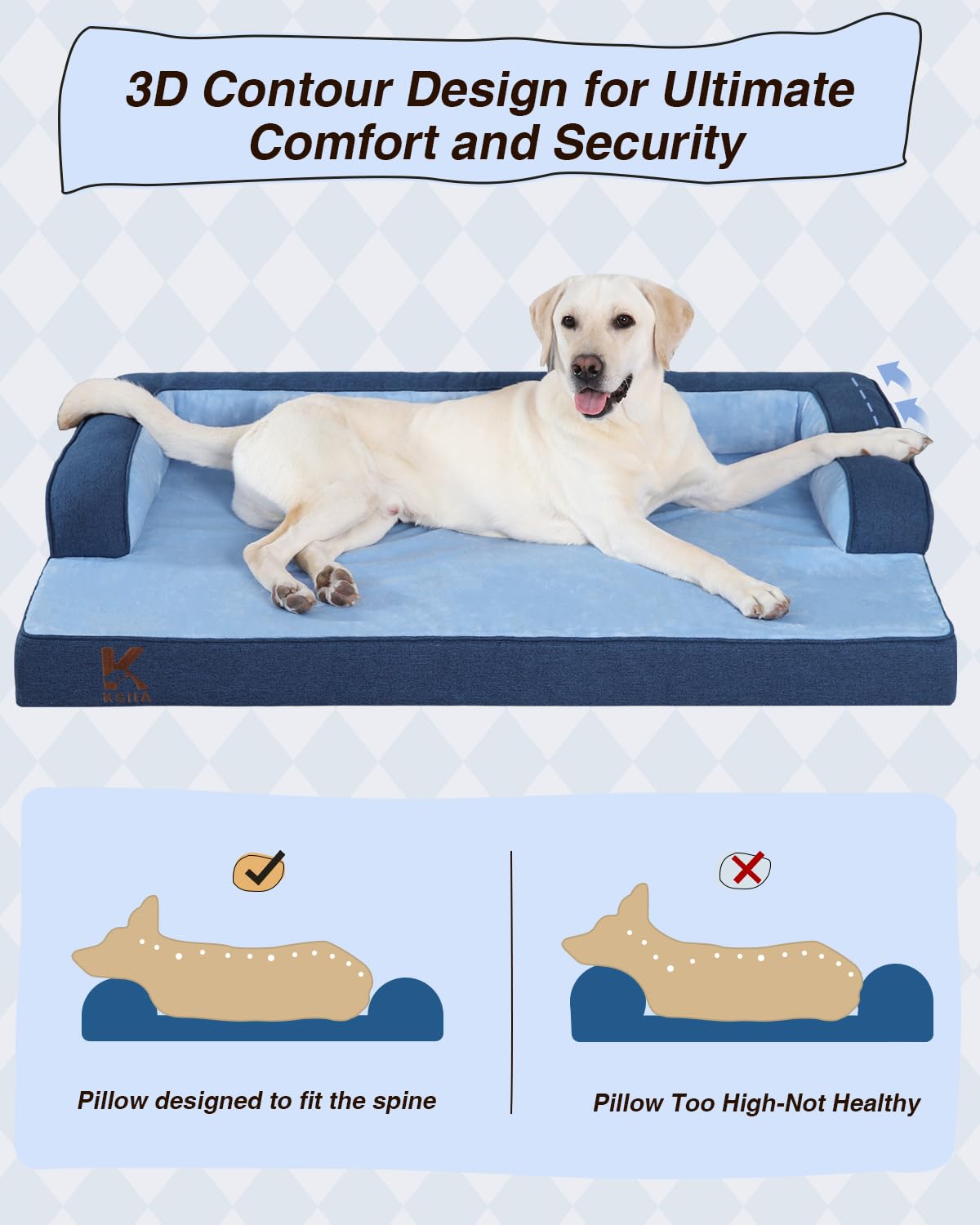 KSIIA Washable Dog Bed XXXL Senior Dog, Orthopedic Warm Soft Pet Sofa Waterproof Pet Couch with Sides, Non-Slip and Egg-Crate Foam Jumbo Beds with Removable Cover, 53x36Inch, Blue