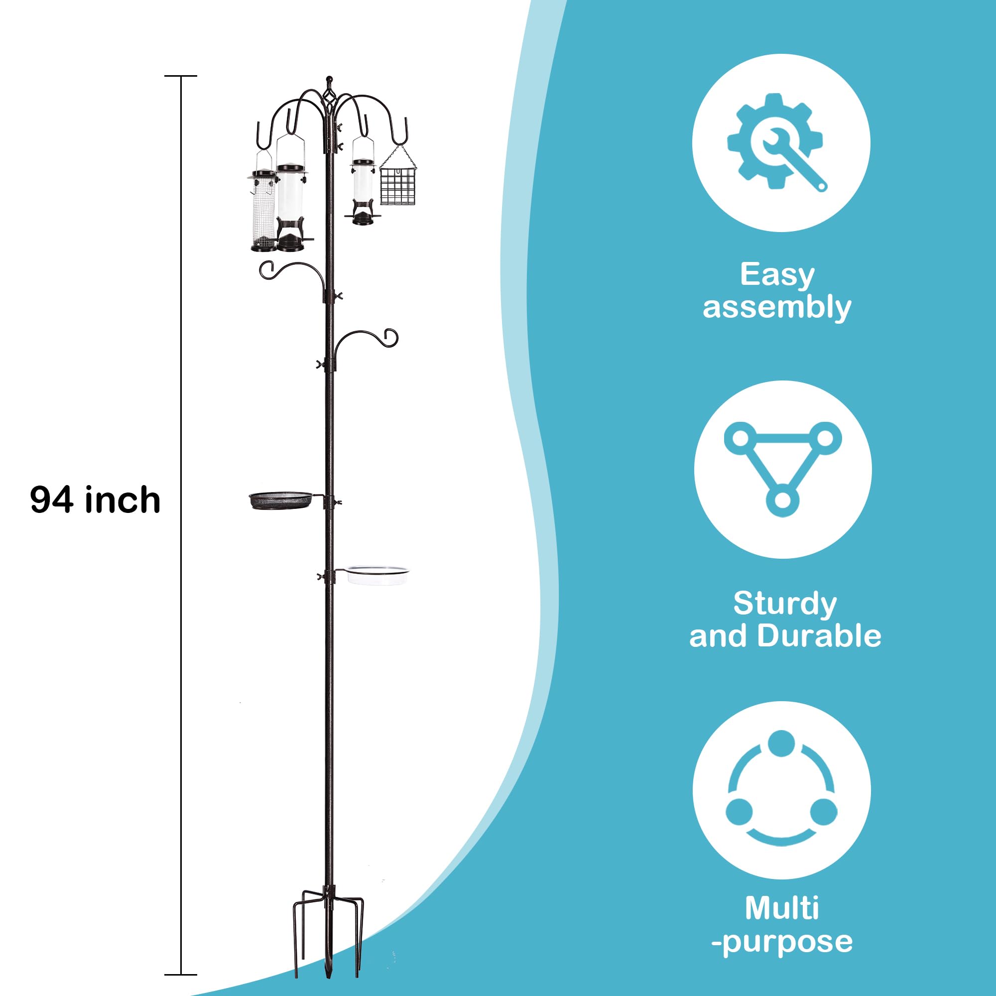 YINGYM 6-Hook Bird Feeding Station, 94 Inch Bird Feeder Pole for Outdoors