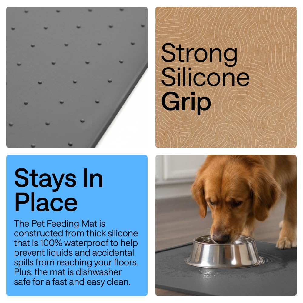 GORILLA GRIP 100% Waterproof Raised Edge BPA Free Silicone Pet Feeding Mat, Dog Cat Food Mats Contain Spills Protects Floors, Placemats for Cats and Dogs Water Bowl, Pets Accessories 16x10, Charcoal