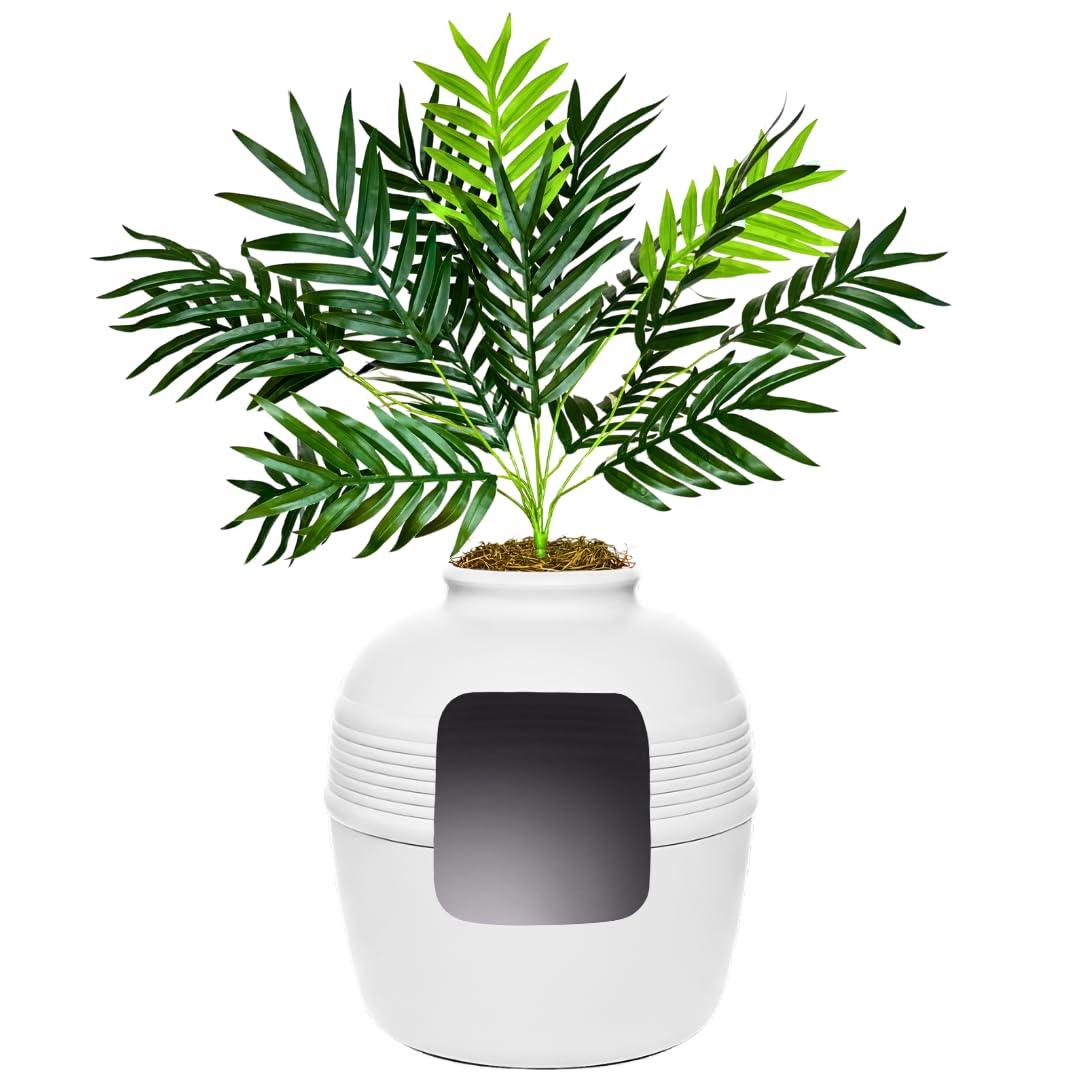 Good Pet Stuff Original Hidden Litter Box Planter, Decorative Cat Litter Enclosure with Carbon Filter, Artificial Palm Plant, Upgraded Design, Easy to Clean, Base Kit, White Birch