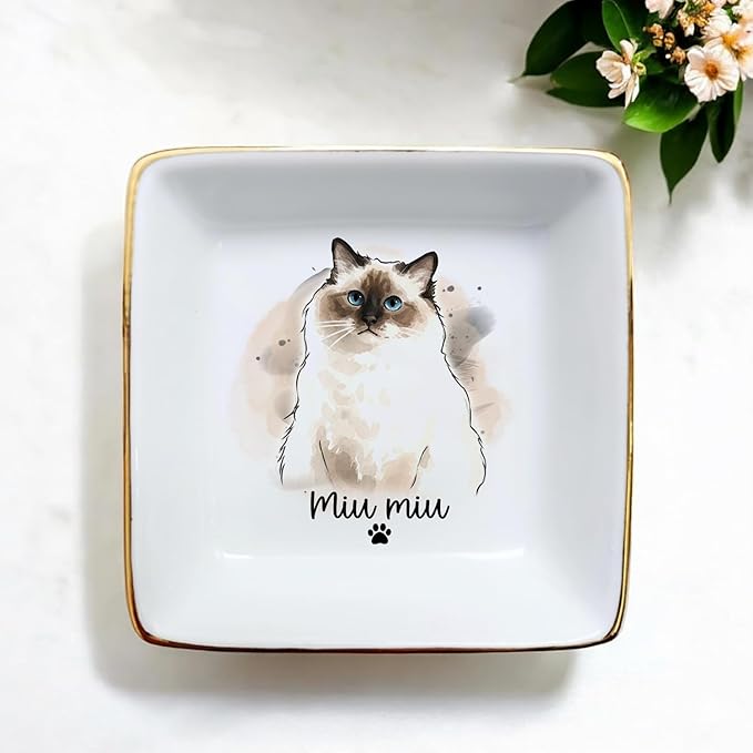 Custom Dog Cat Portrait Ring Dish, Personalized Pet Trinket Dish with Pet Photo & Name, Dog Mom Jewelry Tray, Engagement Gift, Keepsake for Dogs Lovers, Wedding, Pets Memory Gifts