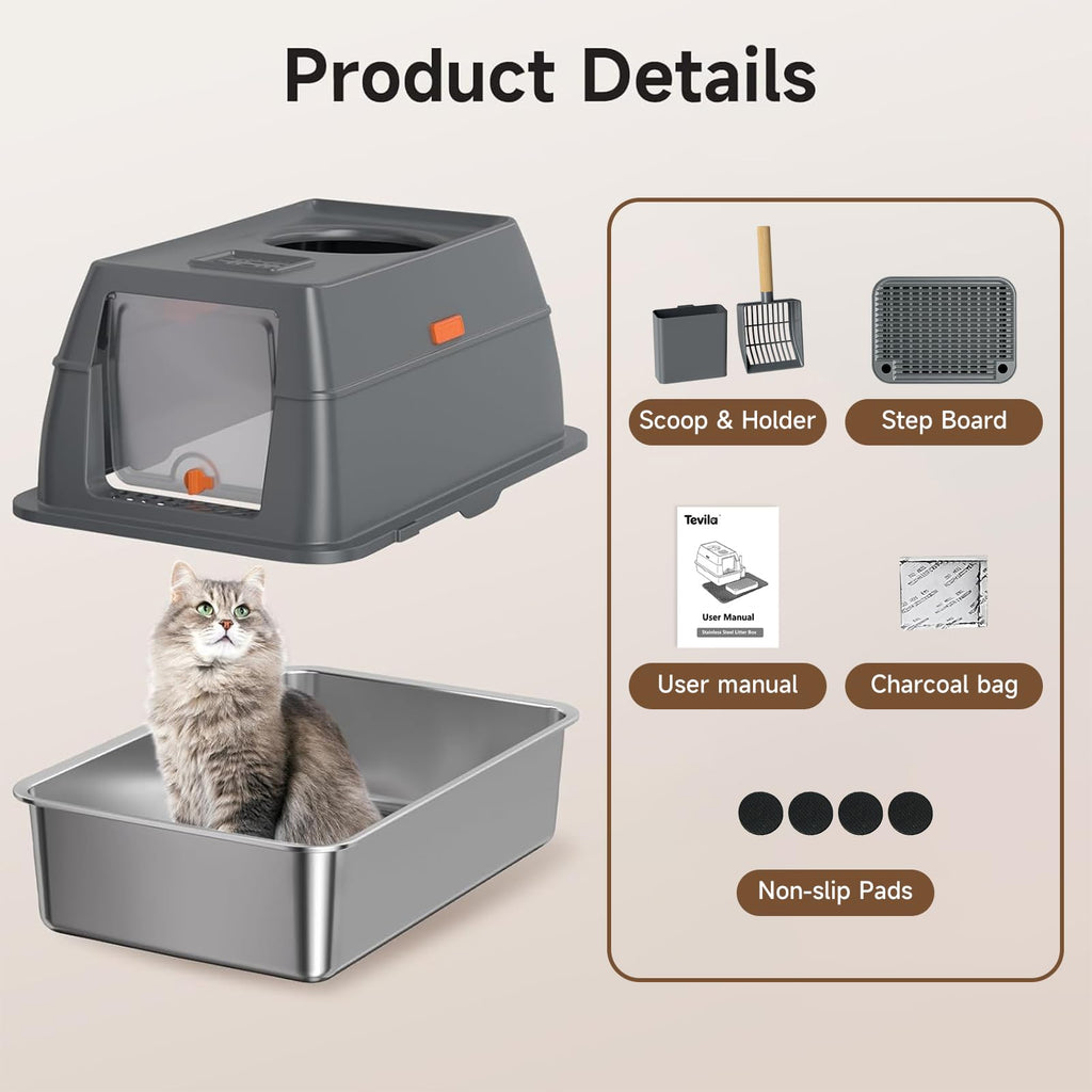 Tevila XL Enclosed Stainless Steel Litter Box with Lid, Dark Gray