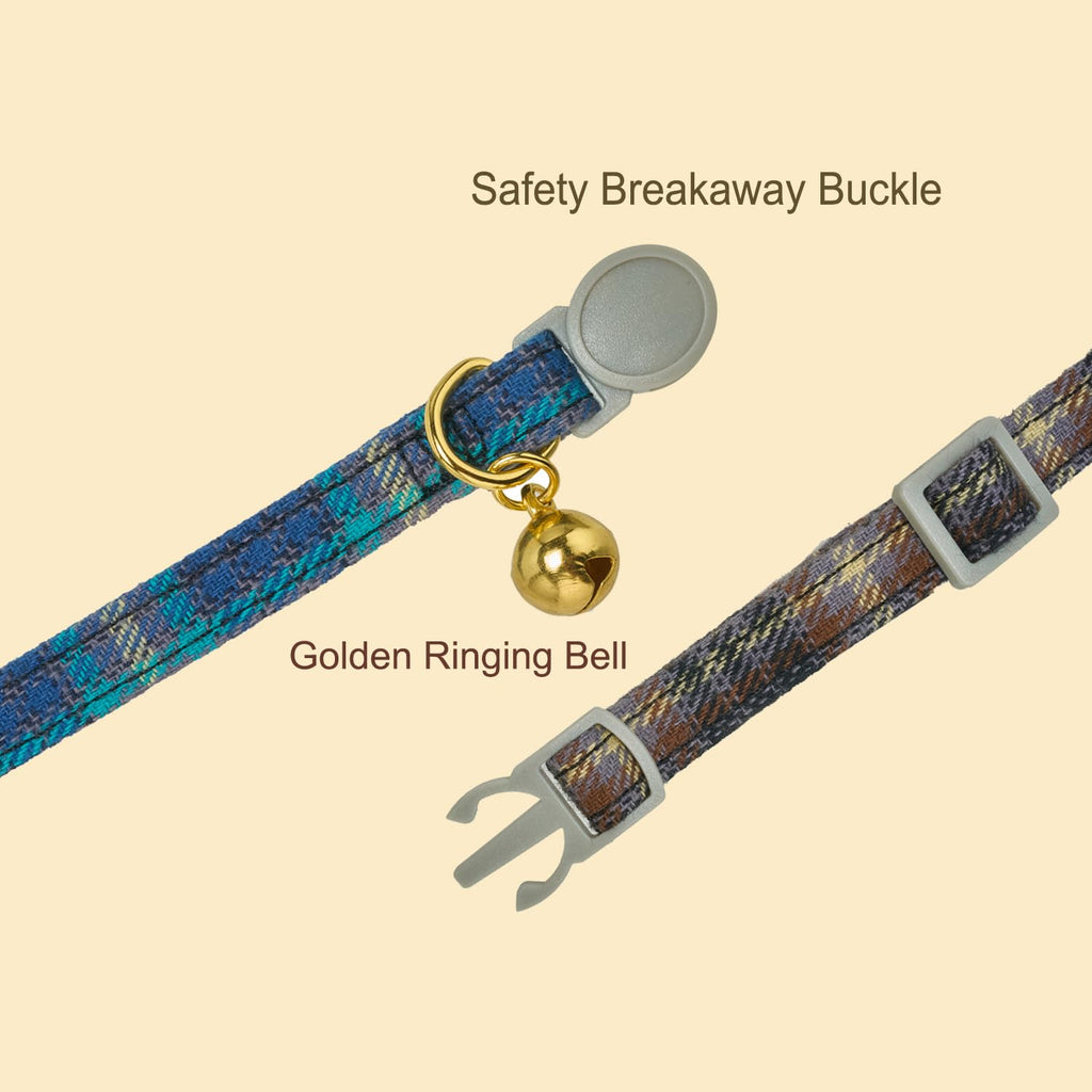 YUDOTE Cotton Bowtie Cat Collar with Bell 2 Pack Plaid Breakaway Kitten Collars with Removeable Bunny Ear Bow(Mocca Tweed+Ocean Blue)