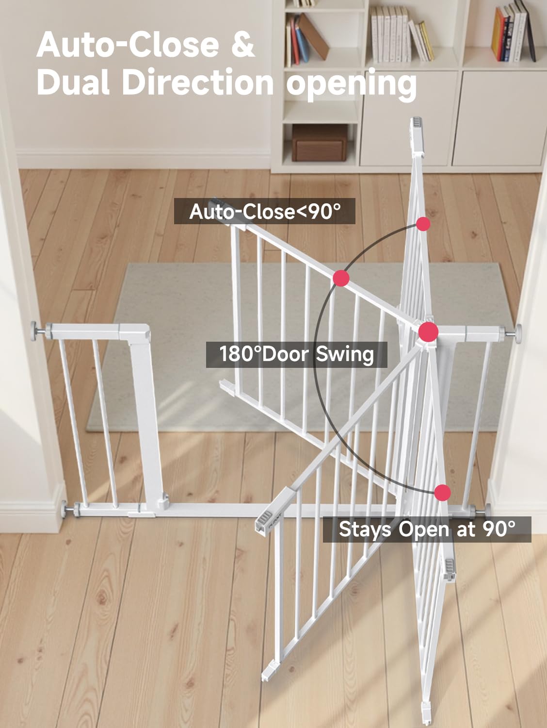 Baby Gate for Stairs, 30'' Tall 29.5-46" Extra Wide Dog Gate for Stairs Walk Thru Auto Close Metal Pet Gate for The House, Stairs and Doorways Child Gate Pressure Mounted Safety Gate Indoor - White