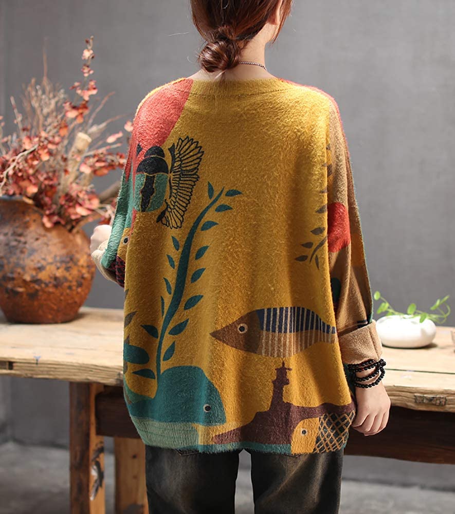 YESNO Women Christmas Sweater Graphic Printed Oversized Pullover Sweaters Casual Loose Knit Tops XL S01 CR19