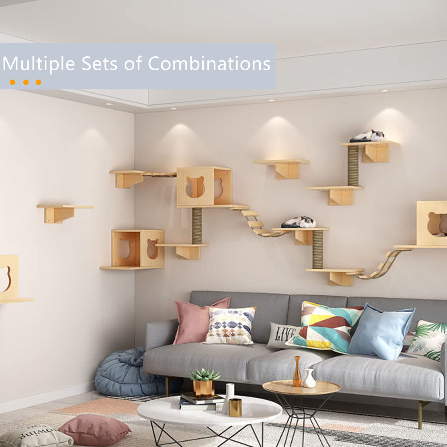 Cat Wall Shelves and Furniture Set with Condos, Perches, Bridge Ladders, Sisal Scratching Posts - Steps and Houses for Cats (B)