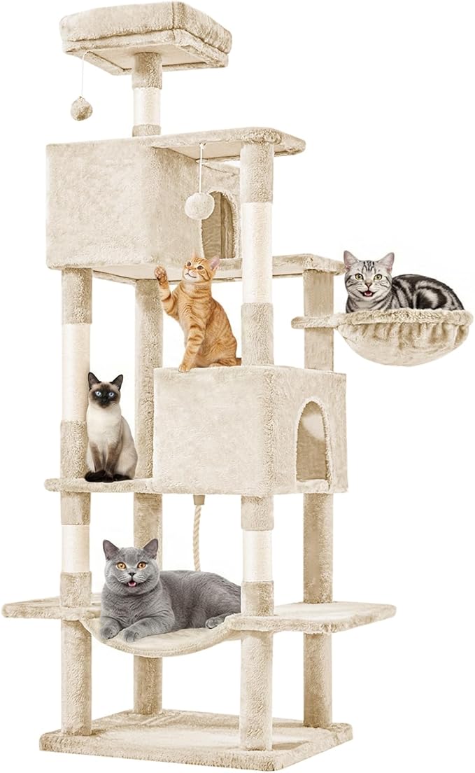 DUMOS 54-inch Indoor Cat Tree Tower –Multi-Level Pet House for Large Cats with 2 Condos, Scratching Posts, Round Platform, Small Ladder, and Toys – Perfect for Cats of All Ages, Dark Grey