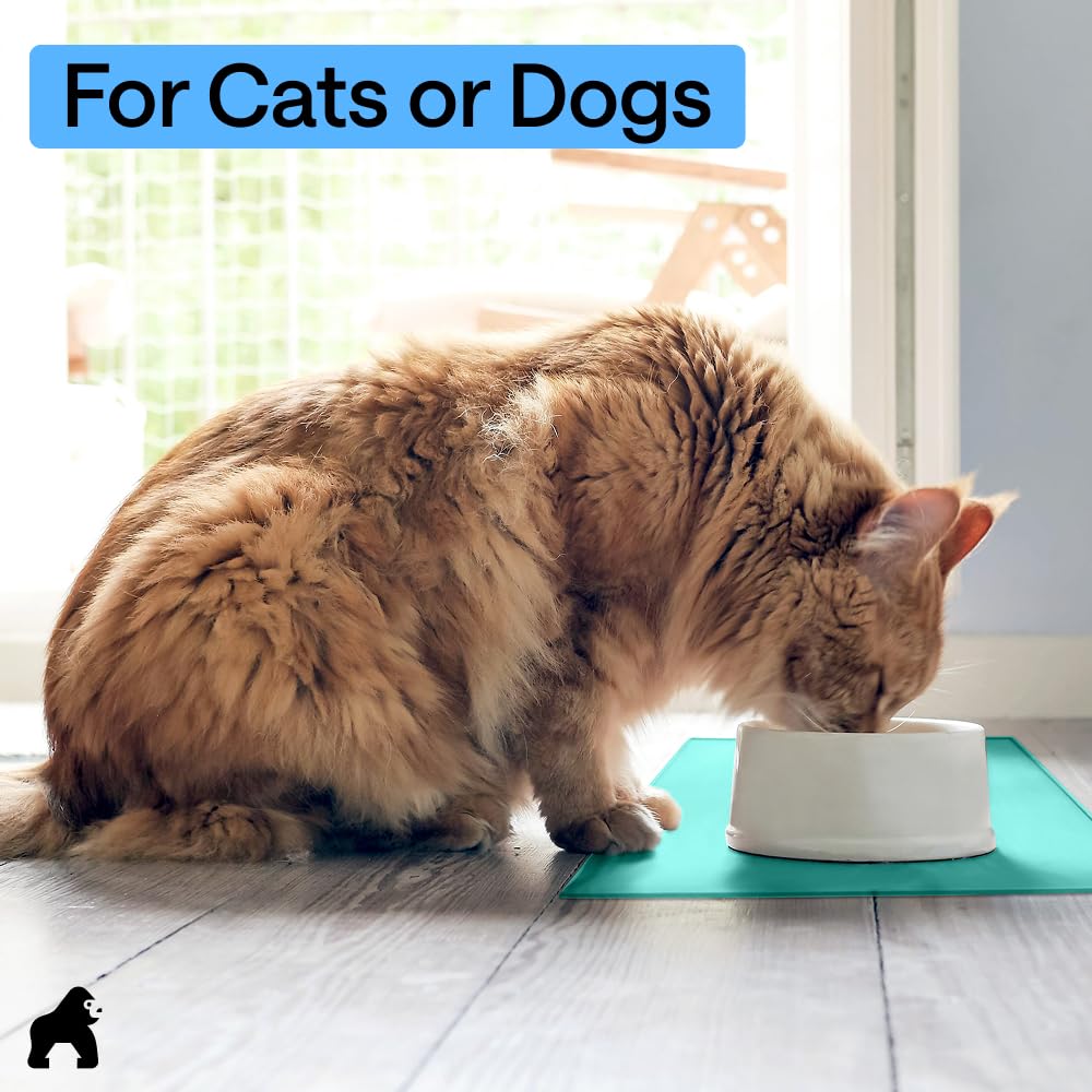 GORILLA GRIP 100% Waterproof Raised Edge BPA Free Silicone Pet Feeding Mat, Dog Cat Food Mats Contain Spills Protects Floors Placemats for Cats and Dogs Water Bowl Pets Accessories 18.5x11.5 Turquoise