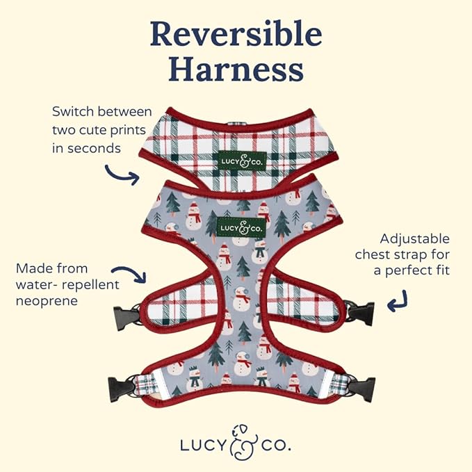 Lucy & Co. Reversible Dog Harness - Water-Repellent Neoprene, Dual-Print Design, Easy Swap Style, Adjustable Comfort Fit - Snow Much Fun Reversible Harness - X-Small