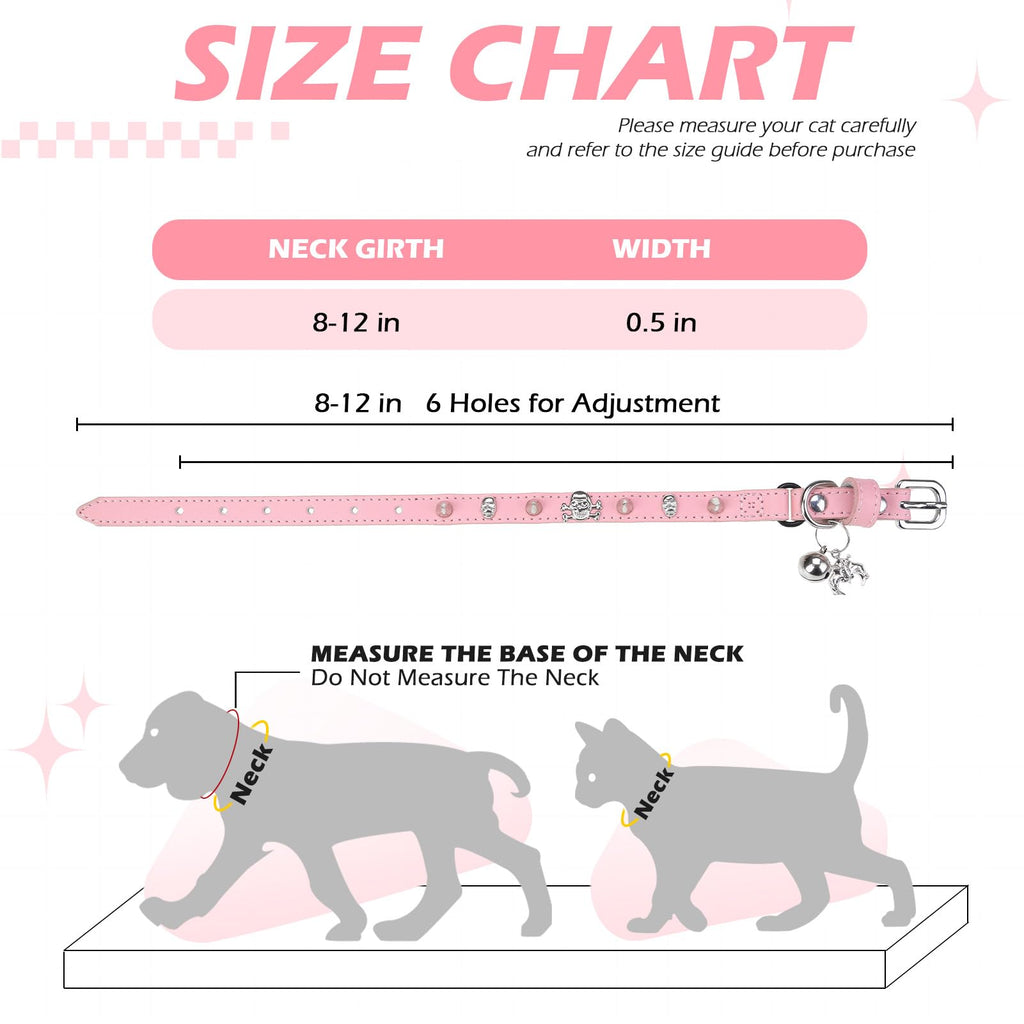 EXPAWLORER Leather Cat Collar for Girl Boy Cats,Pink(Rivet & Skull)