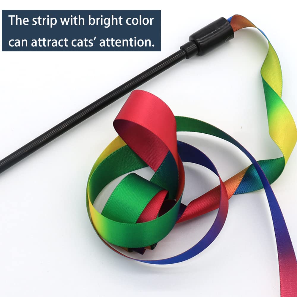 LASOCUHOO Interactive Cat Wand Toys Interactive Cat Teaser Wand String Ribbon Rainbow Charmer for Cats and Kittens - 2 Packs