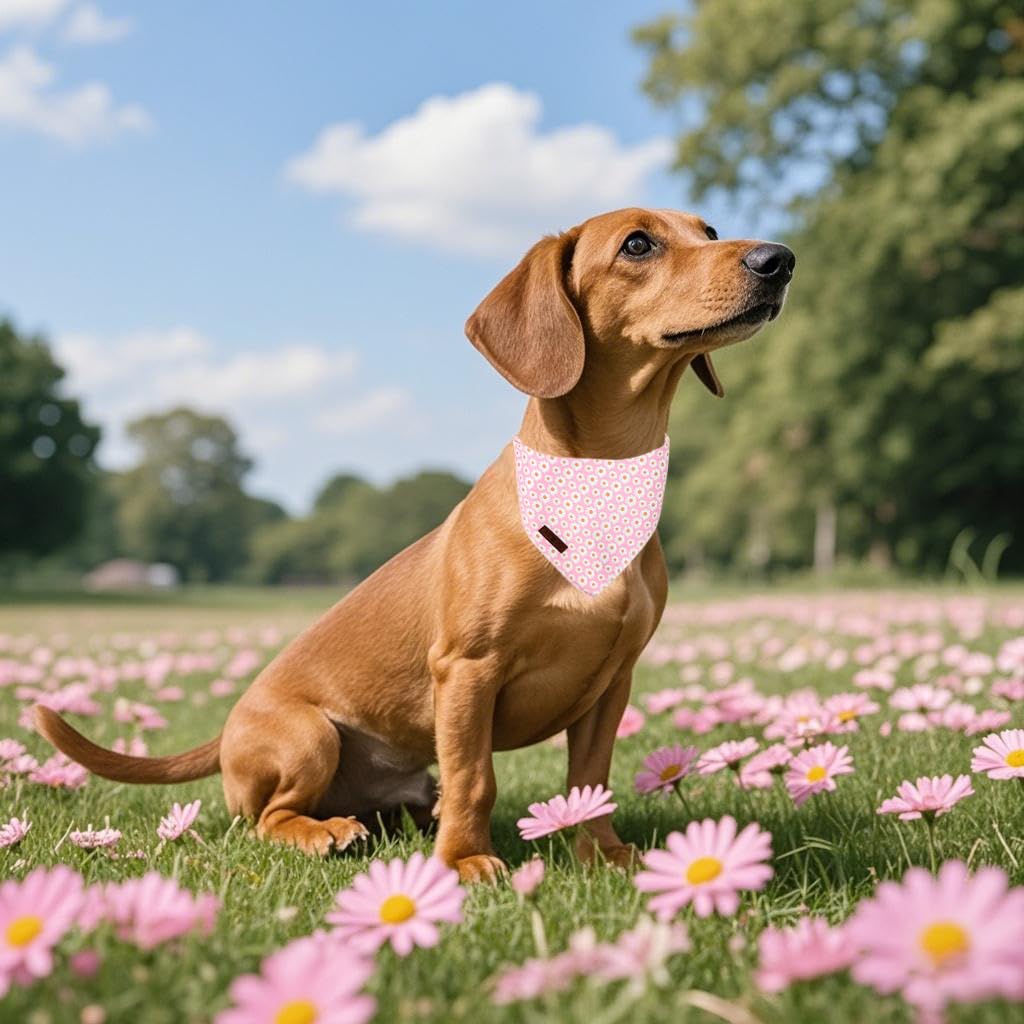 Lionet Paws Spring Daisy Dog Bandana Washable Cotton Handkerchief Scarf Triangle Pink Bandana for Small Medium Large Dogs Girl Boy