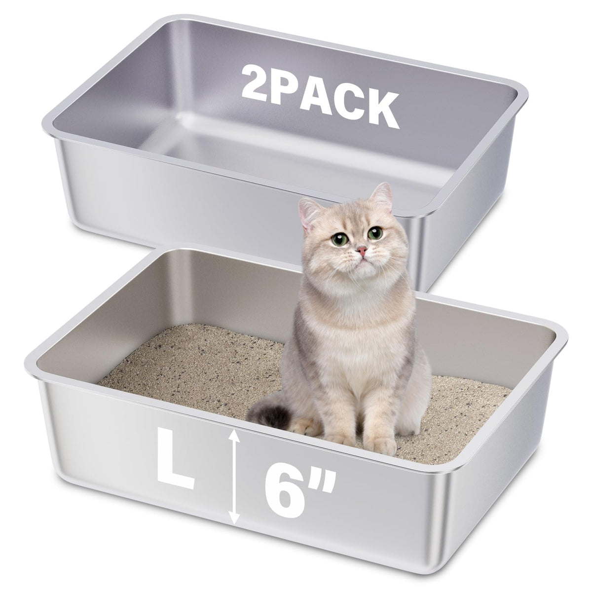 FUTAM Stainless Steel Litter Box XL, Metal Litter Box 2 Pack