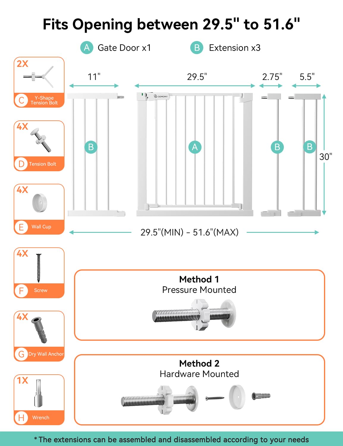 COMOMY 30" Tall Baby Gate for Stairs Doorways, Fits 29.5" to 51.6" Openings