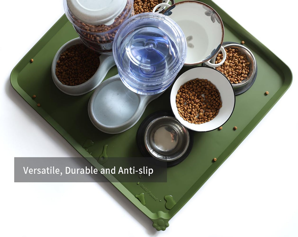 Hoki Found XX-Large Silicone Pet Feeding Mats - Non Slip Cat Dog Bowl Mats - Waterproof for Carpet - Dark Olive