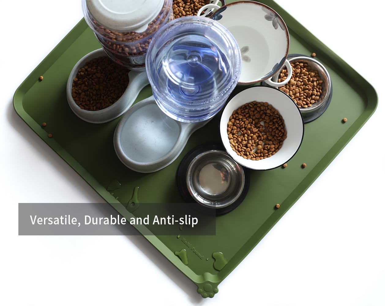 Hoki Found XX-Large Silicone Pet Feeding Mats - Non Slip Cat Dog Bowl Mats - Waterproof for Carpet - Dark Olive