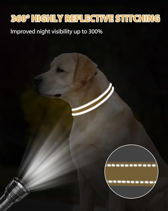 Joytale Extra Large Dog Collar, Wide Double-Sided Reflective Nylon Collar for Night Safety, Adjustable Quick-Release for Gentle Giants, Khaki, XL (1 1/4" Width)