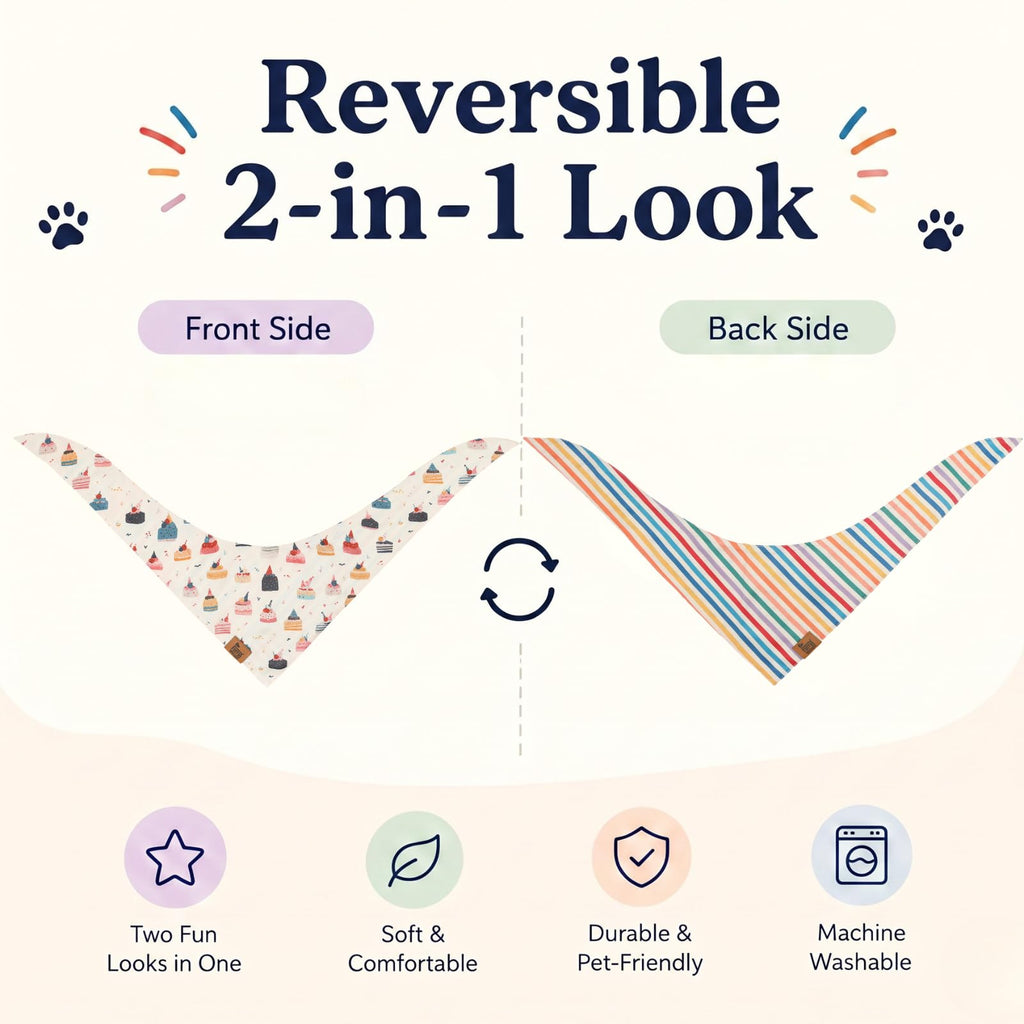 Furry Whisper Dog Birthday Bandana, Reversible Soft Breathable Adjustable Pet Scarf for Medium & Large Dogs, Party Photo Outfit for Boy or Girl, Colorful Cakes Stripes, M Fits Up to 18"