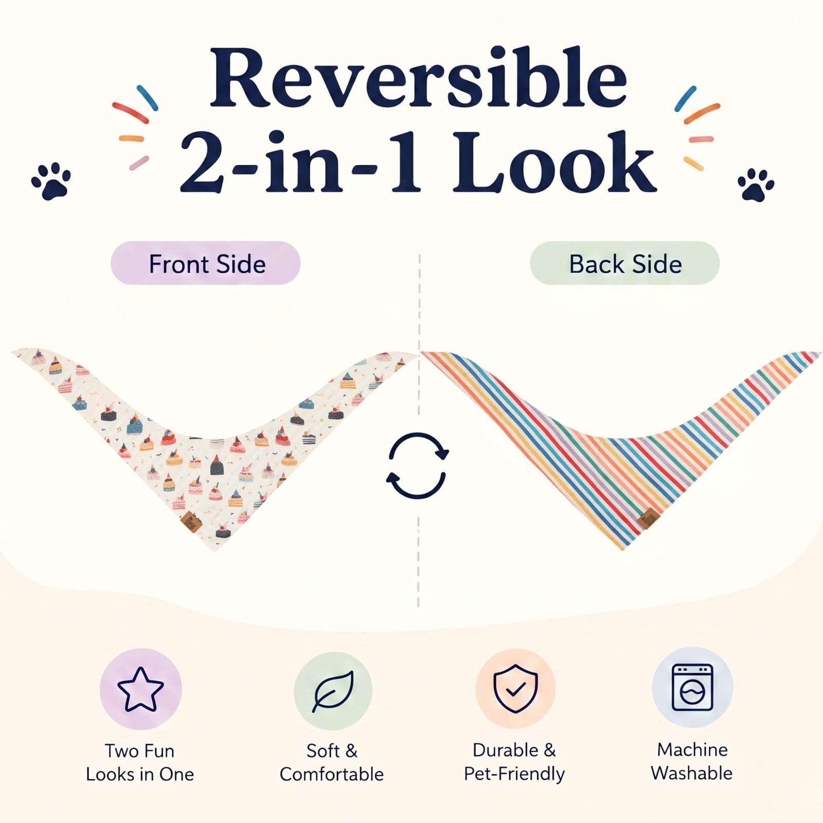 Furry Whisper Dog Birthday Bandana, Reversible Soft Breathable Adjustable Pet Scarf for Medium & Large Dogs, Party Photo Outfit for Boy or Girl, Colorful Cakes Stripes, M Fits Up to 18"