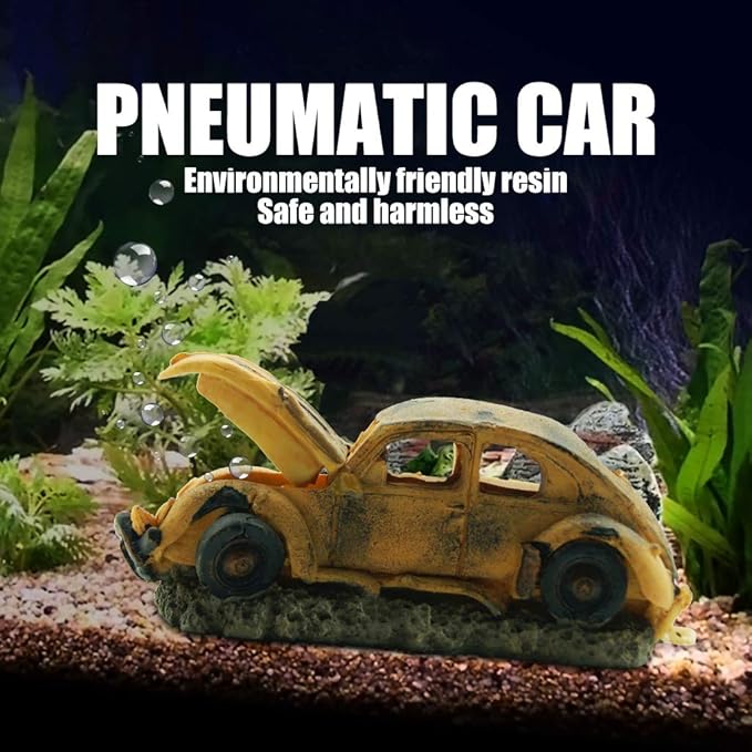 boxtech Aquarium Resin Ornament Decor, Imitation Car Wreck with Air Stone