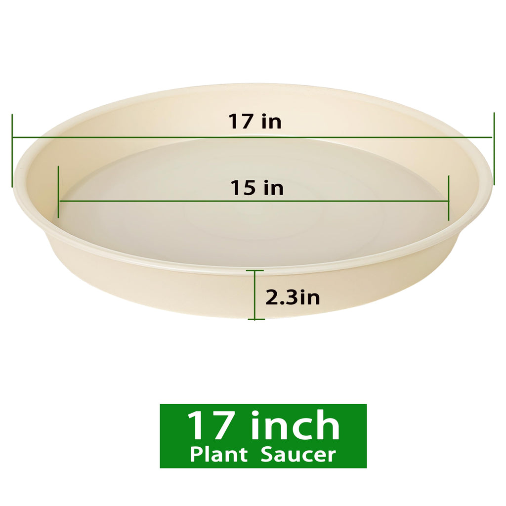 Bleuhome 2 Pack of 16 17 inch Plant Saucer (15 inch Base), 2.3" Depth, Plant Trays for Pots, Plastic Plant Saucers for Indoors, Bird Bath Bowls, Flower Pot Drip Trays for Planter (17", Beige)