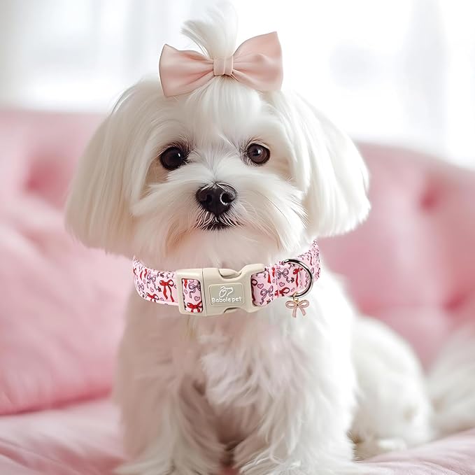 Babole Pet Girl Dog Collar for Medium Dogs - Cute Heart Bow Print Girly Dog Collars, Soft Adjustable Spring/Summer Holiday Female Dogs Collar with Quick-Release Buckle M