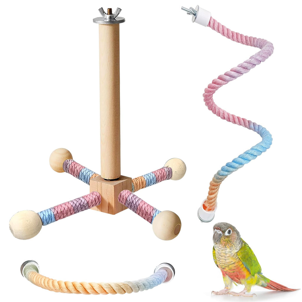 BNOSDM Bird Rope Perch with Stand Perch Toy Set Bendable Rope Perches Wooden Spinning Exercise Wheel Toy Parrot Cage Accessories for Parakeets, Conures, Lovebirds, Budgies, Cockatiels (Rainbow Color)