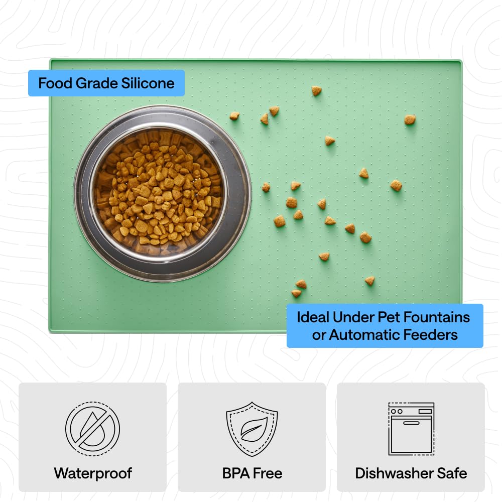 GORILLA GRIP 100% Waterproof Raised Edge BPA Free Silicone Pet Feeding Mat, Dog Cat Food Mats Contain Spills Protects Floors, Placemats for Cats and Dogs Water Bowl, Pets Accessories 32x24 Mint
