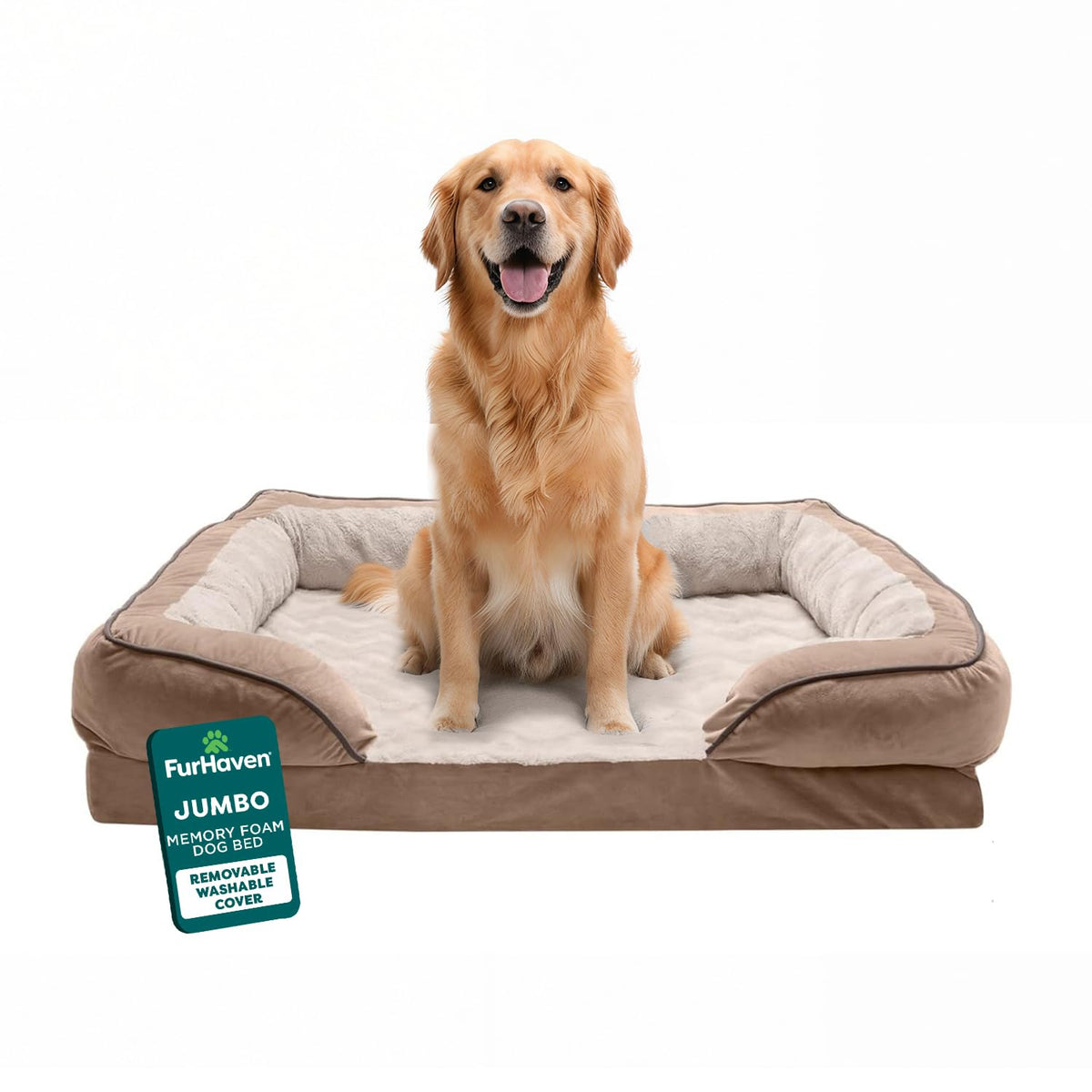 Furhaven Orthopedic Dog Bed for Large/Medium Dogs w/ Removable Bolsters & Washable Cover, For Dogs Up to 55 lbs - Plush & Velvet Waves Perfect Comfort Sofa - Brownstone, Large