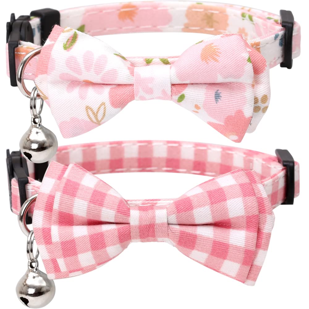 2 Pack Cat Collar Breakaway with Bow Tie and Bell Plaid Flower for Kitty