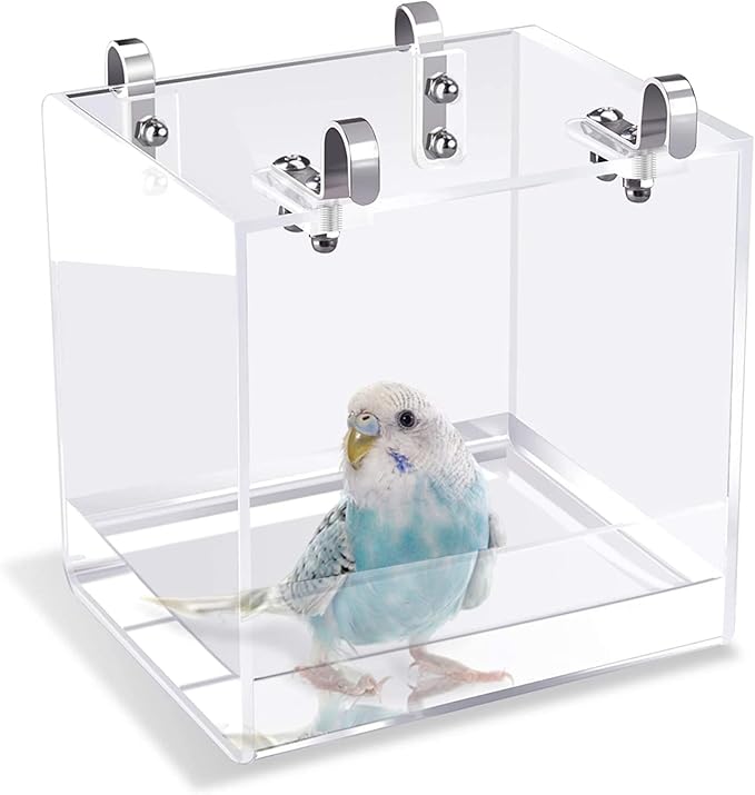 GURECOD Hanging Bird Bath Cube Bird Bathtub Bath Shower Box Bowl Cage Accessory for Little Bird Canary Budgerigar Parrots Crested Myna Cockatiel Lovebird Parakeet Bath (Small)