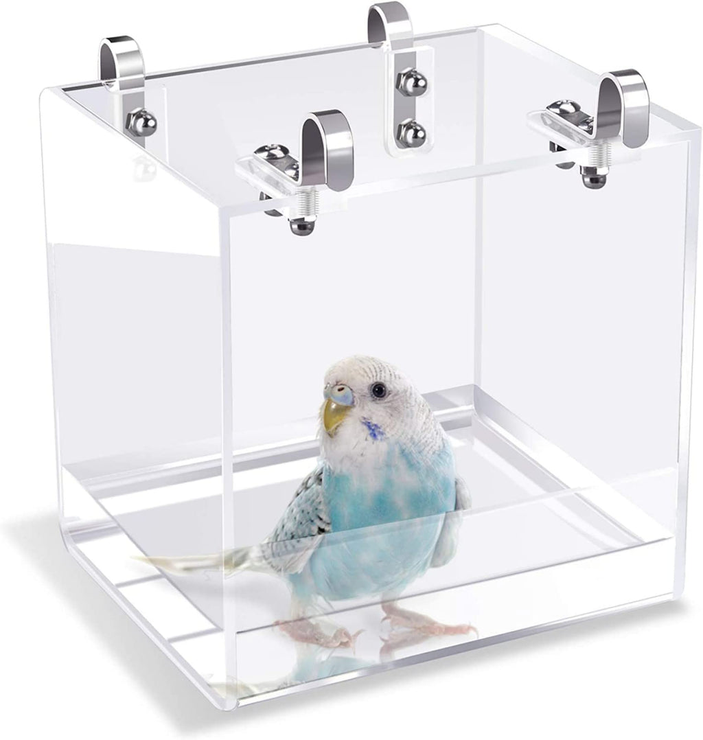 GURECOD Hanging Bird Bath Cube Bird Bathtub Bath Shower Box Bowl Cage Accessory for Little Bird Canary Budgerigar Parrots Crested Myna Cockatiel Lovebird Parakeet Bath (Large)