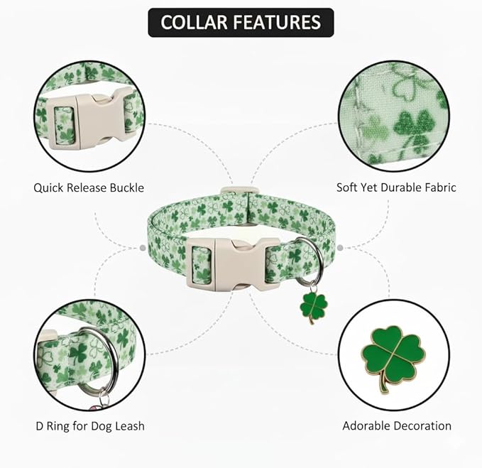 Dog Collars for Medium Dogs, Green Dog Collar for St. Patrick's Day with Green Clover Pattern, Medium Girl Boy Pet Collar with Spring Summer Design, M
