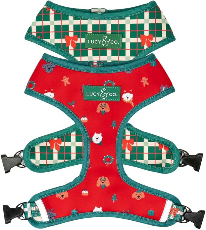 Lucy & Co. Reversible Dog Harness - Water-Repellent Neoprene, Dual-Print Design, Easy Swap Style, Adjustable Comfort Fit - Happy Howlidays Reversible Harness - Large