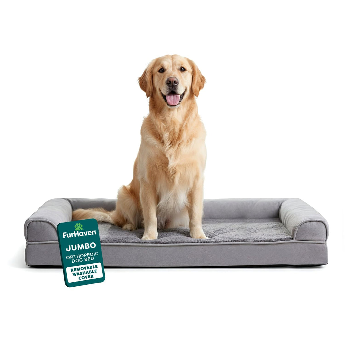 Furhaven Orthopedic Dog Bed for Large Dogs w/ Removable Bolsters & Washable Cover, For Dogs Up to 95 lbs - Plush & Suede Sofa - Almondine, Jumbo/XL