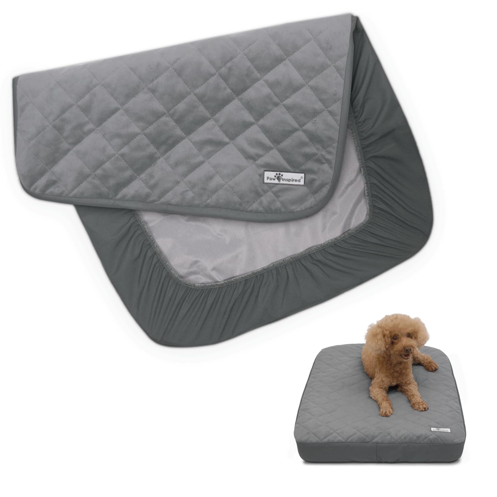 Paw Inspired Washable, Waterproof Fitted Dog Bed Cover, Gray, 30x20x5 Inch