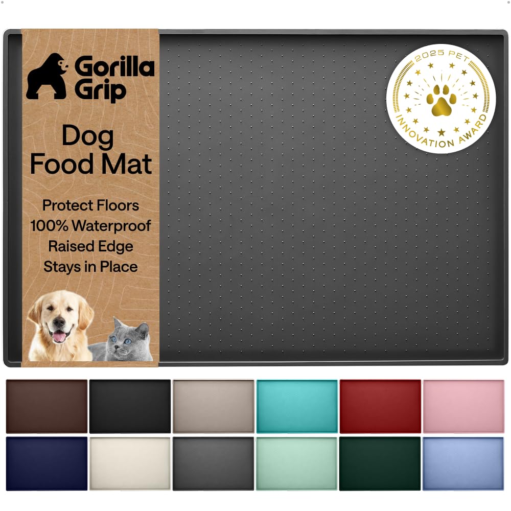 GORILLA GRIP 100% Waterproof Raised Edge BPA Free Silicone Pet Feeding Mat, Dog Cat Food Mats Contain Spills Protects Floors, Placemats for Cats and Dogs Water Bowl, Pets Accessories 16x10, Charcoal