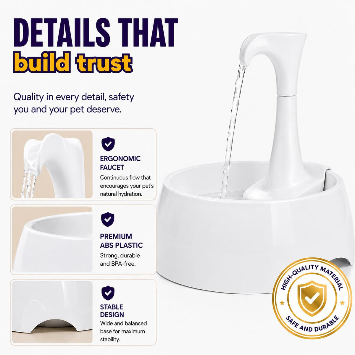 Aqua First Pet Water Fountain - Automatic Drinking Bowl for Cats and Dogs - Light and Portable - Replaceable Filters - Ergonomic Design - 1.2L/42 fl oz - White