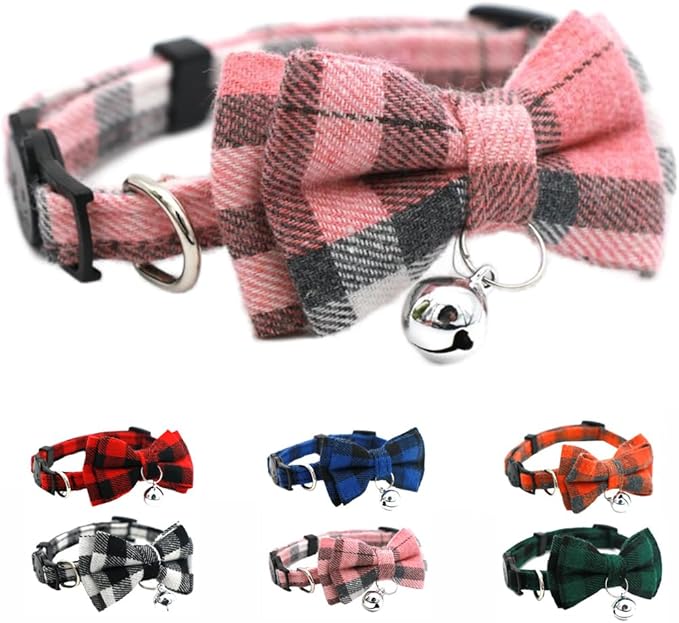 2-Pack Plaid Bowtie Cat Collar with Bell Breakaway Kitten Collar with Bells